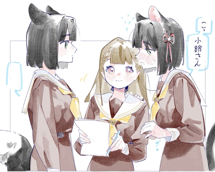 3girls animal_ears black_hair blank_speech_bubble blunt_bangs blunt_ends bob_cut braid brown_dress cat_ears cat_girl cat_tail center-flap_bangs closed_mouth colored_speech_bubble commentary dress dual_persona flower flower_knot flying_sweatdrops fox_ears fox_girl fox_tail green_eyes hair_flower hair_ornament hand_on_another&#039;s_shoulder hasu_no_sora_school_uniform highres holding holding_paper kachimachi_kosuzu link!_like!_love_live! long_hair long_sleeves love_live! momose_ginko multiple_girls neckerchief open_mouth paper pink_eyes pipi_(m1x_mix) profile sailor_collar sailor_dress school_uniform short_hair side_braids speech_bubble tail time_paradox translated virtual_youtuber white_background white_flower white_sailor_collar winter_uniform yellow_neckerchief