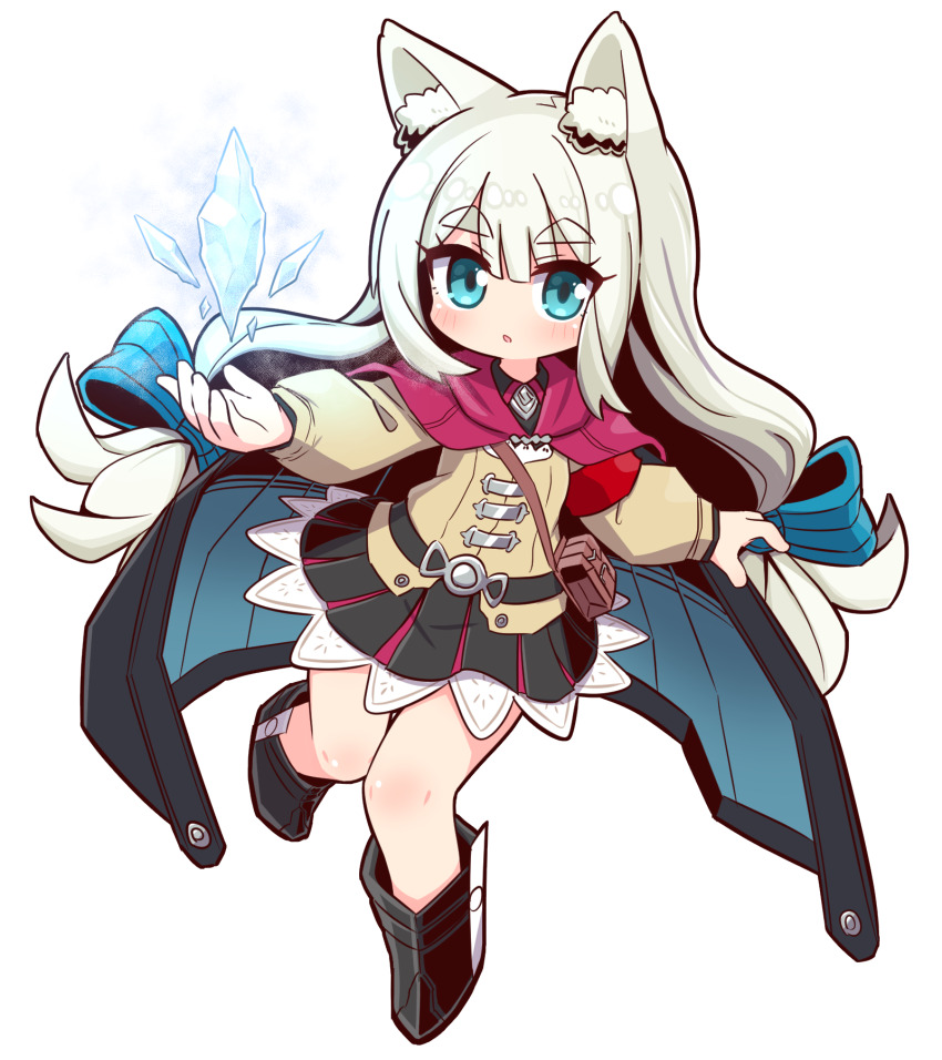 1girl 7th_dragon_(series) 7th_dragon_2020 7th_dragon_2020-ii :o animal_ear_fluff animal_ears black_boots black_cape black_shirt black_skirt blue_bow blue_eyes blush boots bow brown_jacket cape chibi chitrine_(7th_dragon) collared_shirt commentary crystal full_body grey_hair hair_bow highres ice jacket long_hair long_sleeves looking_at_viewer lucier_(7th_dragon) naga_u parted_lips pleated_skirt puffy_long_sleeves puffy_sleeves shirt short_eyebrows simple_background skirt solo striped_bow thick_eyebrows very_long_hair white_background