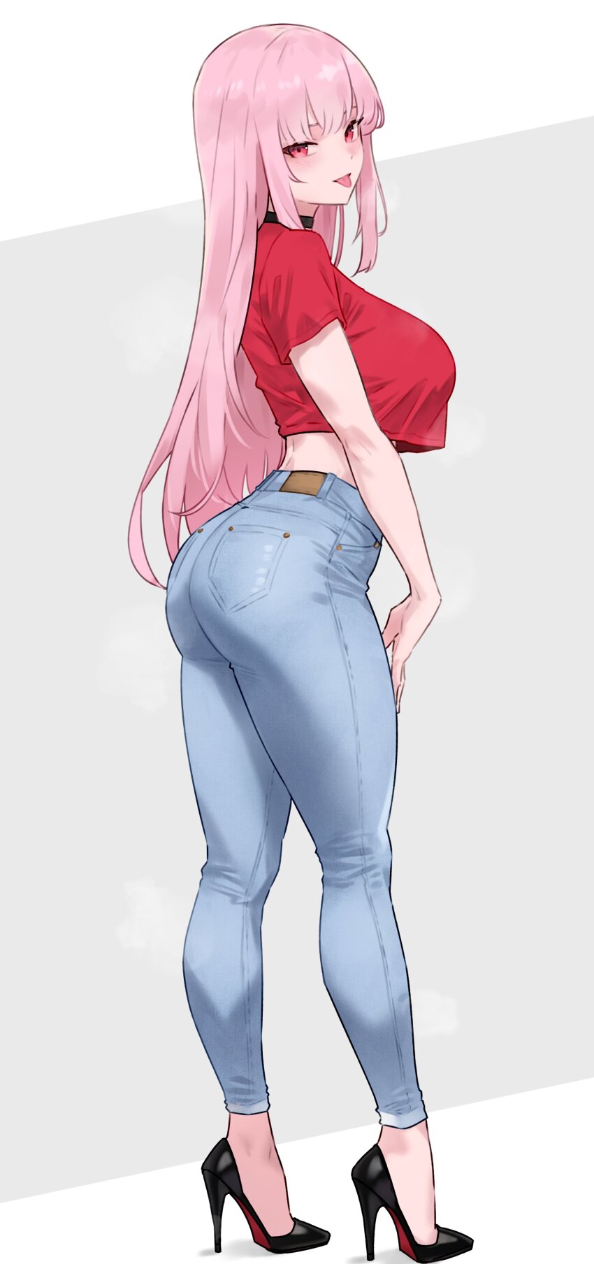 1girl absurdres ass bluefield blush breasts choker commentary crop_top denim english_commentary high_heels highres hololive hololive_english jeans large_breasts long_hair looking_at_viewer looking_back mori_calliope pants pink_hair red_eyes smile solo thick_thighs thighs tongue tongue_out virtual_youtuber