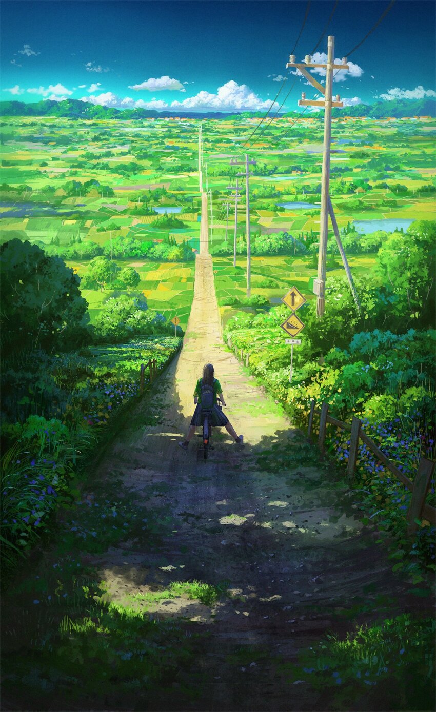1girl backpack bag bicycle black_hair black_skirt blue_sky cloud commentary cyclecircle dappled_sunlight day dirt_road english_commentary facing_away flower grass green_shirt highres lake landscape mountain mountainous_horizon original outdoors power_lines riding riding_bicycle road road_sign rural scenery shirt shoes sign skirt sky solo sunlight tree utility_pole white_shoes wide_shot