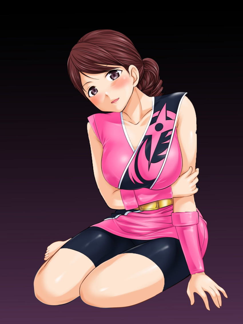 1girl abe_tsukumo brown_hair female_focus highres kneeling looking_at_viewer momochi_kasumi no_fishnets purple_eyes shuriken_sentai_ninninger solo super_sentai