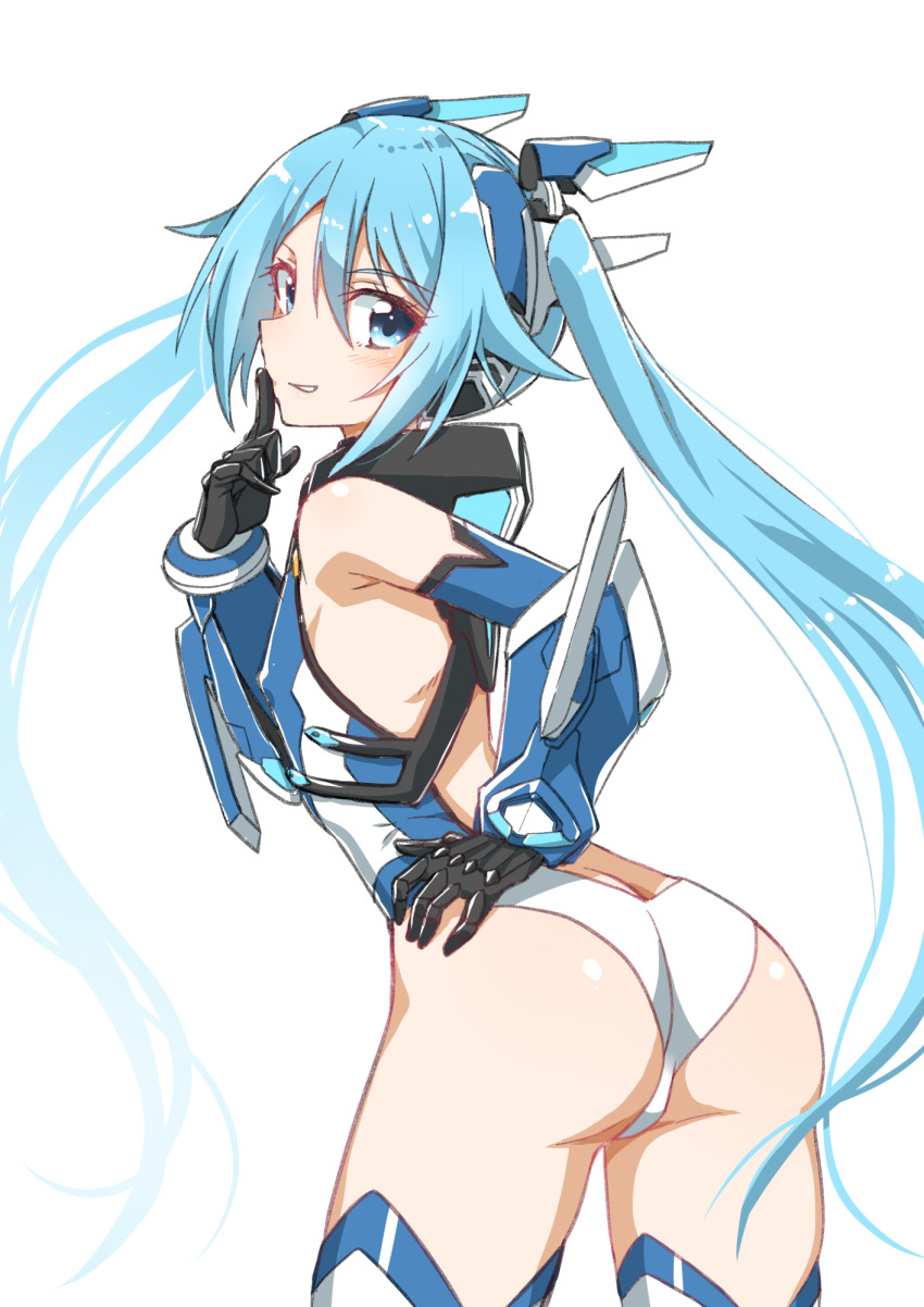 1girl ass backless_leotard black_gloves blue_eyes blue_hair blue_leotard cowboy_shot floating_hair from_behind gloves grin hair_between_eyes hand_on_own_hip headgear highres index_finger_raised leaning_forward leotard long_hair looking_at_viewer looking_back multicolored_leotard ore_twintail_ni_narimasu simple_background sketch smile solo standing tailblue thighhighs tsube_aika twintails two-tone_leotard very_long_hair white_background white_leotard white_thighhighs yuto_(dialique)