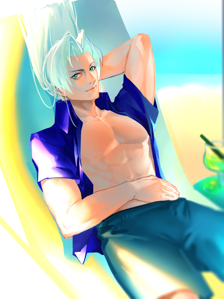 1boy 96min69 alternate_costume arm_across_waist arm_behind_head arm_up bare_pectorals beach blue_male_swimwear blue_shirt blurry blurry_background crisis_core_final_fantasy_vii cup day depth_of_field drink drinking_glass final_fantasy final_fantasy_vii glass green_eyes grey_hair hashtag-only_commentary highres hurricane_glass light_smile long_hair looking_at_viewer male_focus male_swimwear no_nipples ocean open_clothes open_shirt outdoors parted_bangs pectorals sephiroth shirt slit_pupils solo sunlight swimsuit toned toned_male upper_body