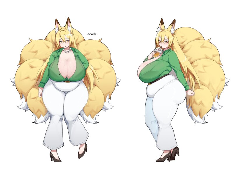 1girl 53hank absurdres animal_ear_fluff animal_ears arm_behind_back artist_name belt blonde_hair breasts cleavage commission crossed_bangs cup disposable_cup drinking_straw drinking_straw_in_mouth eyeshadow fox_ears fox_girl fox_tail from_side fupa green_shirt hair_between_eyes high-waist_pants high_heels highres huge_breasts jewelry long_hair makeup mature_female multiple_tails multiple_views necklace open_mouth original pants partially_unbuttoned pearl_necklace plump red_eyeshadow shirt shoes slit_pupils solo standing tail thick_thighs thighs tight_clothes vgen_commission white_background white_pants yellow_eyes
