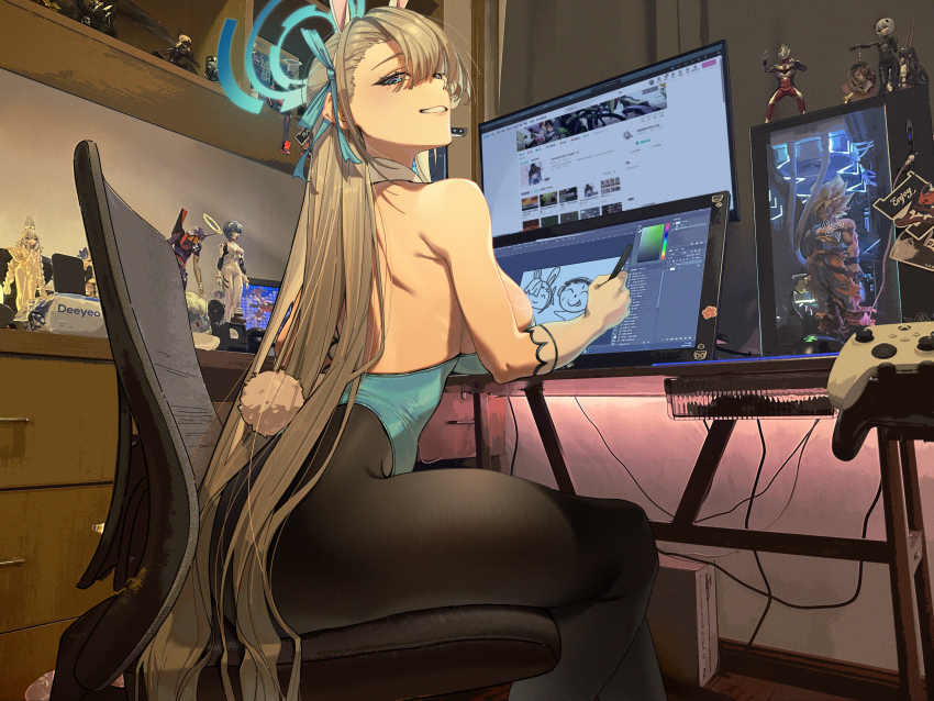1girl absurdres animal_ears armpit_crease artoria_pendragon_(fate) asuna_(blue_archive) asuna_(bunny)_(blue_archive) ayanami_rei azur_lane backless_leotard black_pantyhose blonde_hair blue_archive blue_eyes blue_halo blue_leotard breasts cable chair character_request chinese_commentary computer computer_tower curtains desk doodle_sensei_(blue_archive) dragon_ball dragonball_z drawing_tablet eva_01 evangelion:_3.0_you_can_(not)_redo fake_animal_ears fate/stay_night fate_(series) figure from_side gloves grin hair_ribbon halo highleg highleg_leotard highres holding holding_stylus large_breasts le_malin_(azur_lane) le_malin_(listless_lapin)_(azur_lane) leotard long_hair looking_at_viewer mecha_pilot_suit monitor neon_genesis_evangelion office_chair official_alternate_costume otaku otaku_room pantyhose photo_background playboy_bunny plugsuit_(evangelion) rabbit_ears rabbit_tail rebuild_of_evangelion revision ribbon saber_alter sensei_(blue_archive) shelf sitting smile solo son_goku stylus super_saiyan swivel_chair tail thighs ultra_series ultraman_tiga ultraman_tiga_(series) uthspsk very_long_hair white_gloves xbox_controller