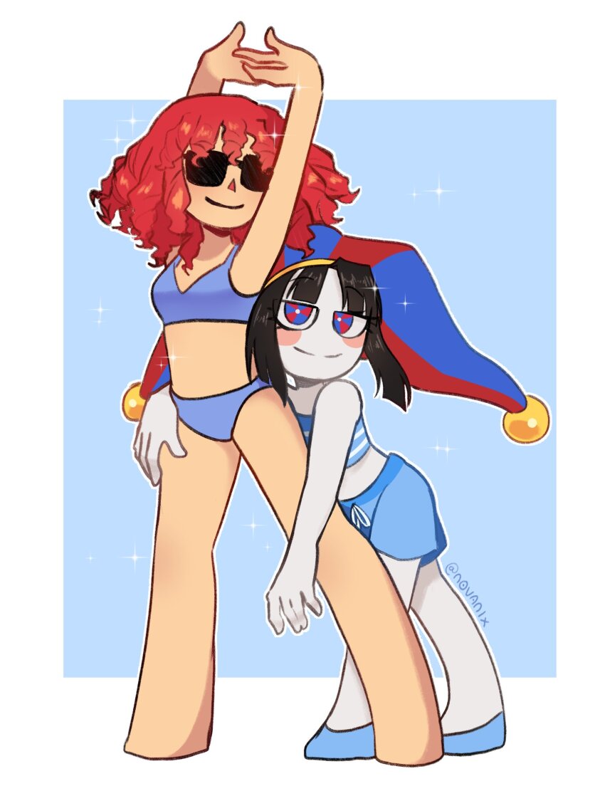 2girls armpits artist_name bandeau bare_shoulders bikini black_hair blue_background blue_bandeau blue_eyes blue_hat blue_shoes blue_shorts blunt_bangs blunt_ends blush_stickers bob_cut border breasts bright_pupils closed_mouth colored_skin commentary curly_hair drawstring english_commentary eyelashes full_body hand_on_another&#039;s_hip hat height_difference highres interlocked_fingers jester_cap jitome leaning_forward leaning_on_person legs_apart midriff multicolored_eyes multiple_girls n0vanix outline outside_border pom_pom_(clothes) pomni_(the_amazing_digital_circus) purple_bikini ragatha_(the_amazing_digital_circus) raised_eyebrows rectangular_eyewear red_eyes red_hair red_hat ringlets shoes short_hair shorts side-by-side signature simple_background small_breasts smile sparkle standing strapless stretching striped_bandeau sunglasses swimsuit the_amazing_digital_circus triangle_nose tube_top twitter_username two-tone_bandeau two-tone_eyes two-tone_hat wavy_hair white_bandeau white_border white_outline white_pupils white_skin