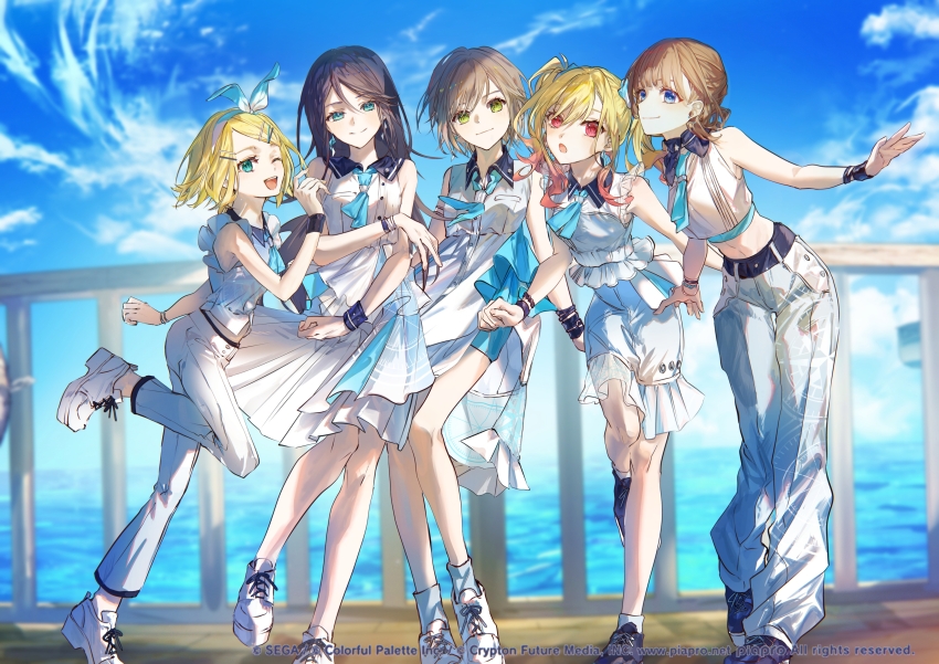 5girls absurdres armband black_hair blonde_hair blue_eyes blue_neckerchief blue_sky brown_hair cloud cloudy_sky collared_dress collared_shirt commentary_request copyright_name cropped_shirt dress frilled_dress frills full_body green_eyes grey_hair hair_ornament hairband hairclip highres hinomori_shiho hoshino_ichika_(project_sekai) kagamine_rin karanagare leaning_forward leo/need_(project_sekai) leo/need_rin long_hair looking_at_viewer mochizuki_honami multiple_girls neckerchief ocean official_alternate_costume official_art pants pier pink_hair platform_footwear platform_heels pleated_skirt project_sekai purpose_(vocaloid) red_eyes shirt side_ponytail skirt sky sleeveless sleeveless_shirt standing stick_to_your_faith_(project_sekai) swept_bangs tenma_saki twintails water white_dress white_footwear white_hairband white_pants white_skirt