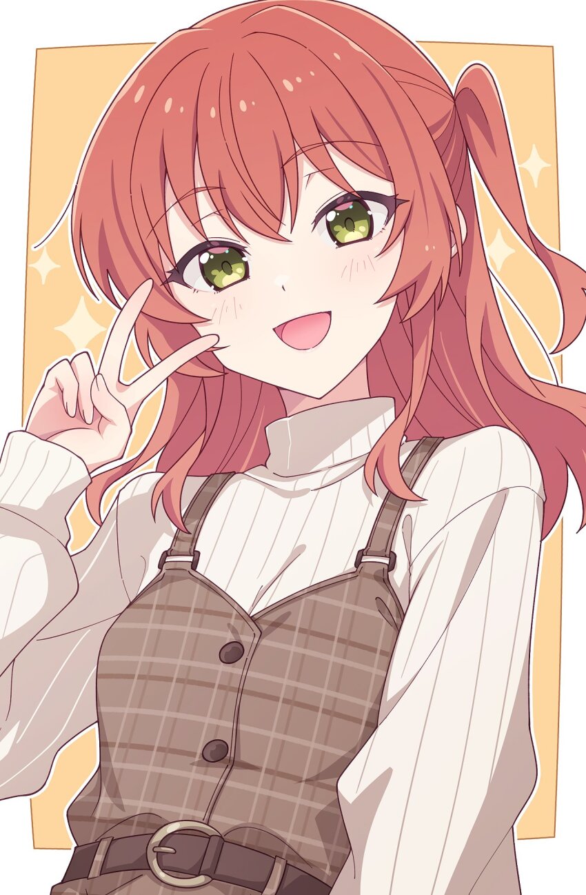 1girl belt black_belt bocchi_the_rock! buttons dress e20 green_eyes hair_between_eyes highres kita_ikuyo long_hair long_sleeves one_side_up open_mouth orange_background pinafore_dress plaid_clothes plaid_dress red_hair sleeveless sleeveless_dress smile solo sparkle sweater turtleneck turtleneck_sweater upper_body v white_background white_sleeves white_sweater