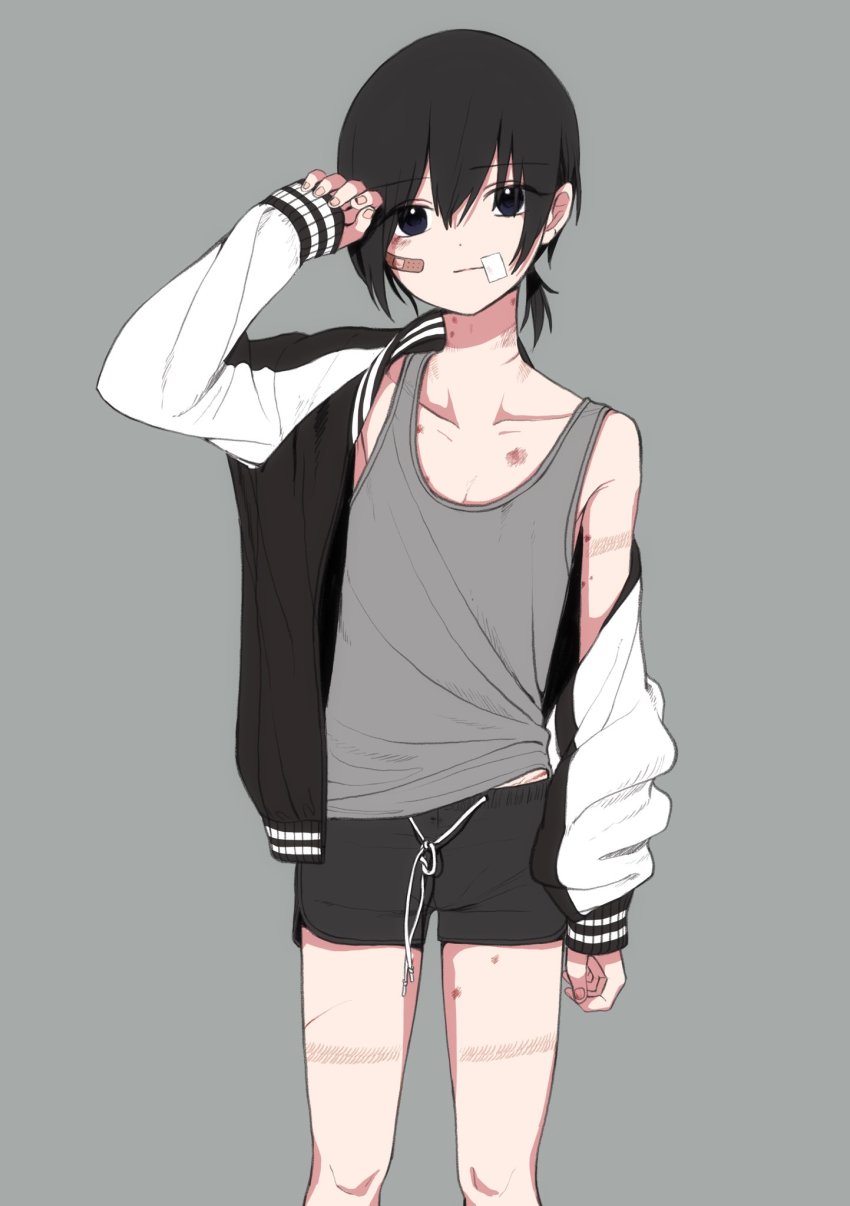 1boy androgynous bandaid bandaid_on_face black_eyes black_hair black_shorts collarbone grey_background grey_tank_top highres injury jacket light_smile long_sleeves looking_at_viewer male_focus off_shoulder original piko_(pixiv) ponytail rope_marks short_ponytail short_shorts shorts simple_background sleeves_past_wrists solo tank_top