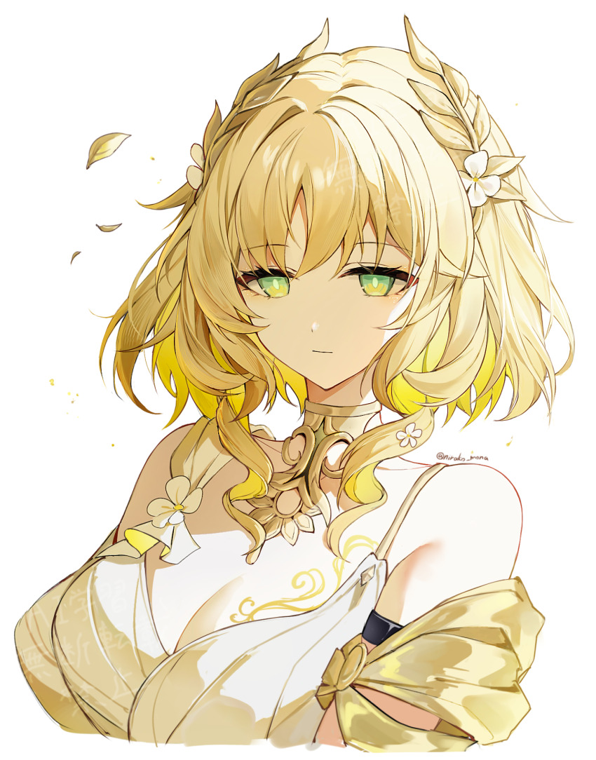 1girl aglaea_(honkai:_star_rail) bare_shoulders blonde_hair breasts cleavage dress green_eyes hair_ornament highres honkai:_star_rail honkai_(series) jewelry looking_at_viewer neck_ring nirako_mona short_hair simple_background solo spaghetti_strap upper_body white_background white_dress