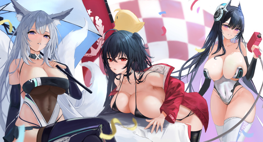 3girls absurdres animal_ear_fluff animal_ears azur_lane bare_shoulders bikini black_bikini black_choker black_hair black_thighhighs blue_eyes breasts choker chunchilin cleavage colored_inner_hair fox_ears fox_girl fox_tail hair_between_eyes headphones highleg highres holding holding_power_drill holding_tool holding_umbrella huge_breasts jacket kitsune large_breasts leotard long_hair manjuu_(azur_lane) multicolored_hair multiple_girls multiple_tails official_alternate_costume panties_under_leotard power_drill purple_eyes race_queen red_eyes red_jacket shinano_(azur_lane) shinano_(moonlit_chrome)_(azur_lane) skirt strasbourg_(azur_lane) strasbourg_(faerie_of_the_race_circuit)_(azur_lane) swimsuit taihou_(azur_lane) taihou_(enraptured_companion)_(azur_lane) tail thighhighs thighs umbrella white_hair white_headphones white_thighhighs