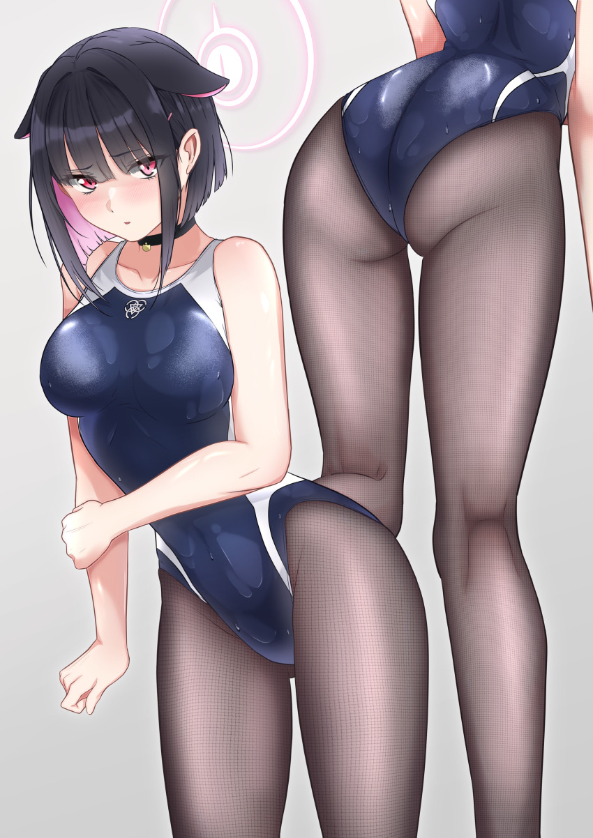 1girl absurdres alternate_costume animal_ears ass bending black_choker black_hair black_pantyhose blue_archive blue_one-piece_swimsuit blush breasts cat_ears choker collarbone competition_swimsuit covered_navel ears_down embarrassed gluteal_fold grey_background hair_ornament hairclip halo hand_on_own_arm highleg highres kazusa_(blue_archive) kneepits leotard looking_at_viewer medium_breasts multicolored_hair multiple_views one-piece_swimsuit orionstar pantyhose pantyhose_under_swimsuit pink_hair pink_halo raised_eyebrow red_eyes school_swimsuit short_hair swimsuit two-tone_hair wet wet_clothes
