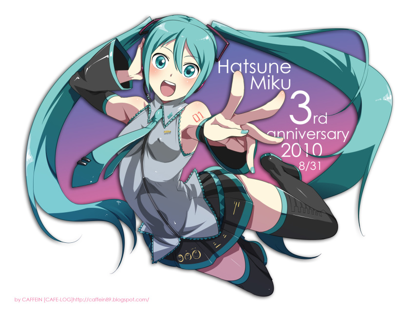 1girl :d aqua_eyes aqua_hair aqua_nails armpits blush boots caffein detached_sleeves excited female_focus foreshortening hatsune_miku headphones headset highres jumping long_hair nail_polish necktie open_mouth skirt smile solo thigh_boots thighhighs twintails very_long_hair vocaloid zettai_ryouiki