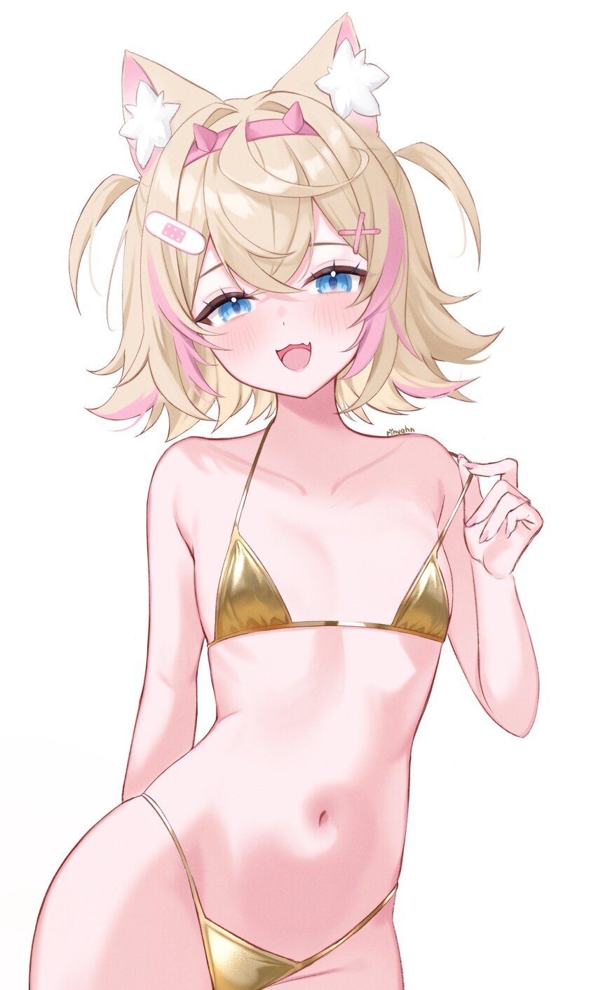 1girl :3 :d absurdres alternate_costume animal_ear_fluff animal_ears bandaid bandaid_hair_ornament bikini blonde_hair blue_eyes commentary cowboy_shot crossed_bangs dog_ears dog_girl dog_tail double-parted_bangs english_commentary fang flat_chest gold_bikini golden_week hair_between_eyes hair_intakes hair_ornament hairband highres hololive hololive_english horn_hairband looking_at_viewer mococo_abyssgard multicolored_hair navel open_mouth pink_hair pink_hairband ri_nyahn short_hair simple_background skin_fang smile solo stomach straight-on strap_pull streaked_hair string_bikini swimsuit tail two_side_up virtual_youtuber white_background x_hair_ornament