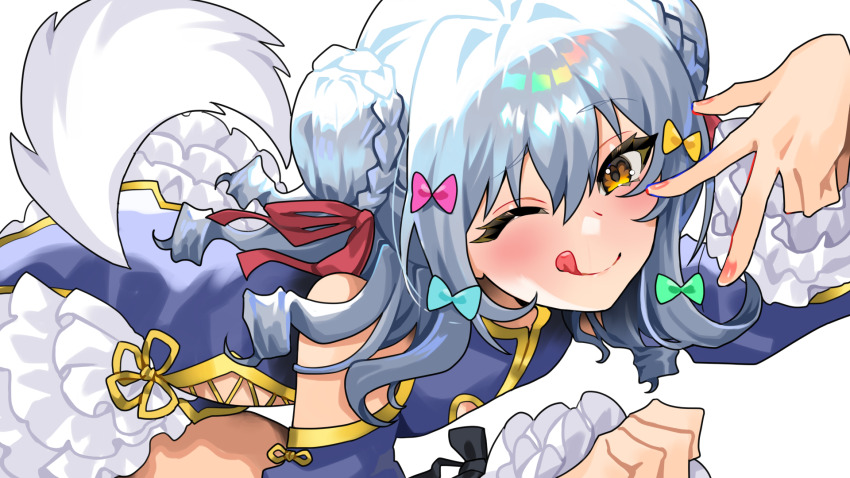 1boy blue_dress blue_hair closed_mouth dog_boy dog_tail dress highres inuyama_tamaki inuyama_tamaki_(5th_costume) kamo860 looking_at_viewer male_focus medium_hair noripro official_alternate_costume one_eye_closed pink_nails smile solo tail tongue tongue_out trap virtual_youtuber yellow_eyes