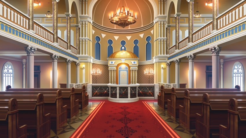 arch candelabra candlestand chandelier hanging_light highres indoors no_humans non-web_source official_art our_life:_beginnings_and_always pew railing red_carpet scenery synagogue tile_floor tiles window