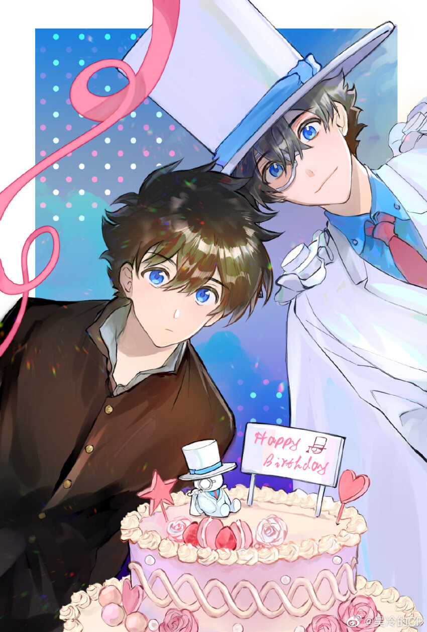 1boy black_hair blue_background blue_eyes blue_shirt border brown_hair cake cape chinese_commentary closed_mouth collared_shirt dated dual_persona flower food formal_clothes fruit gakuran glasses hair_between_eyes haoriday happy_birthday hat heart highres holding jacket kaitou_kid kuroba_kaito long_sleeves looking_at_viewer magic_kaito male_focus monocle necktie pink_flower pink_rose red_necktie rose school_uniform shirt short_hair smile star_(symbol) strawberry suit top_hat upper_body watermark weibo_watermark white_border white_cape white_hat white_jacket white_suit