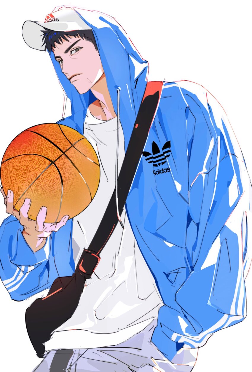 11114tai 1boy adidas arm_up ball basketball_(object) black_hair blue_hoodie brown_eyes closed_mouth commentary cowboy_shot crew_neck drawstring fanny_pack frown hand_in_pocket hashtag-only_commentary highres holding holding_ball hood hood_up hoodie logo looking_at_viewer male_focus mitsui_hisashi open_clothes open_hoodie pants shirt short_hair simple_background slam_dunk_(series) solo striped_clothes striped_hoodie t-shirt vertical-striped_clothes vertical-striped_hoodie white_background white_pants white_shirt