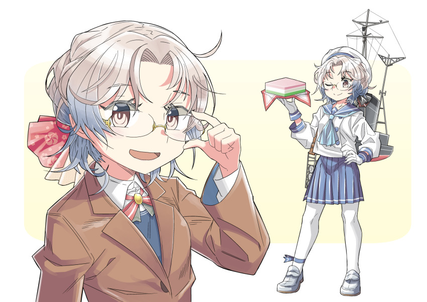 :d blue_hair blue_neckerchief blue_ribbon blue_skirt blue_vest brown_eyes brown_jacket buttons collared_shirt food full_body glasses gloves gradient_hair grey_hair hat highres hirato_(kancolle) hirato_(mitsukoshi)_(kancolle) hishimochi holding holding_food jacket kantai_collection kazh_(kazu) long_sleeves looking_at_food machinery mast multicolored_hair multiple_views neckerchief open_mouth pantyhose pleated_skirt ribbon rimless_eyewear school_uniform serafuku shirt short_hair simple_background skirt smile upper_body vest wavy_hair white_background white_gloves white_legwear white_shirt