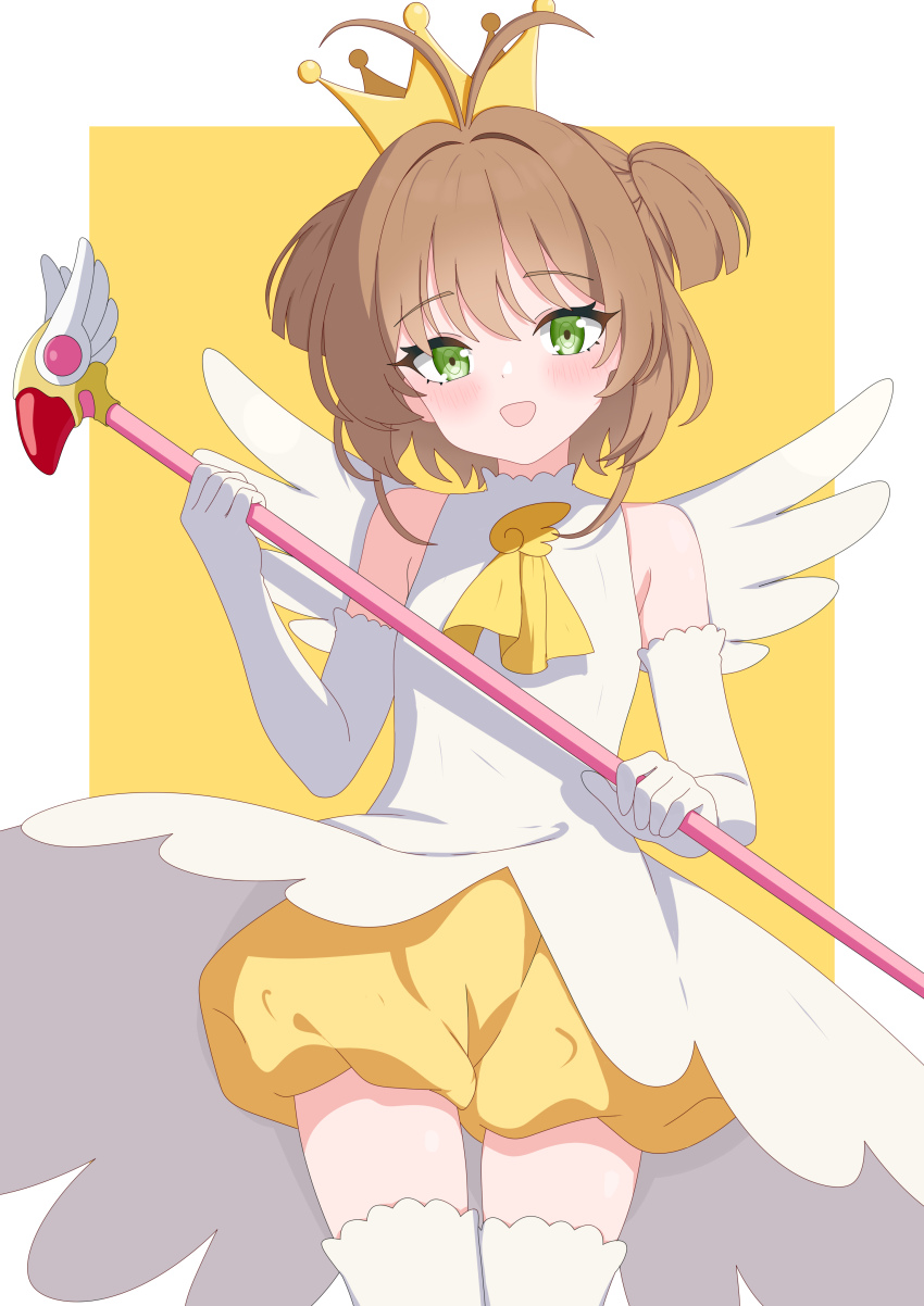1girl absurdres angel_wings antenna_hair ascot baozi_9527 bloomers border brown_hair cardcaptor_sakura chinese_commentary commentary_request cowboy_shot crown dress elbow_gloves fuuin_no_tsue gloves green_eyes hair_intakes highres holding holding_wand kinomoto_sakura kinomoto_sakura_(miraculous_sakura) looking_at_viewer magical_girl official_alternate_costume open_mouth short_hair short_twintails simple_background sleeveless sleeveless_dress smile solo thighhighs twintails underwear wand white_border white_dress white_gloves white_thighhighs white_wings wing_ornament wings yellow_ascot yellow_background yellow_bloomers zettai_ryouiki