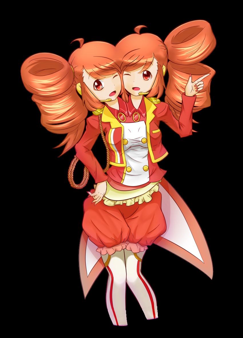 1girl absurdres ahoge conjoined drill_hair highres idol one_eye_closed pantyhose rope swallowtail twintails two_heads wink