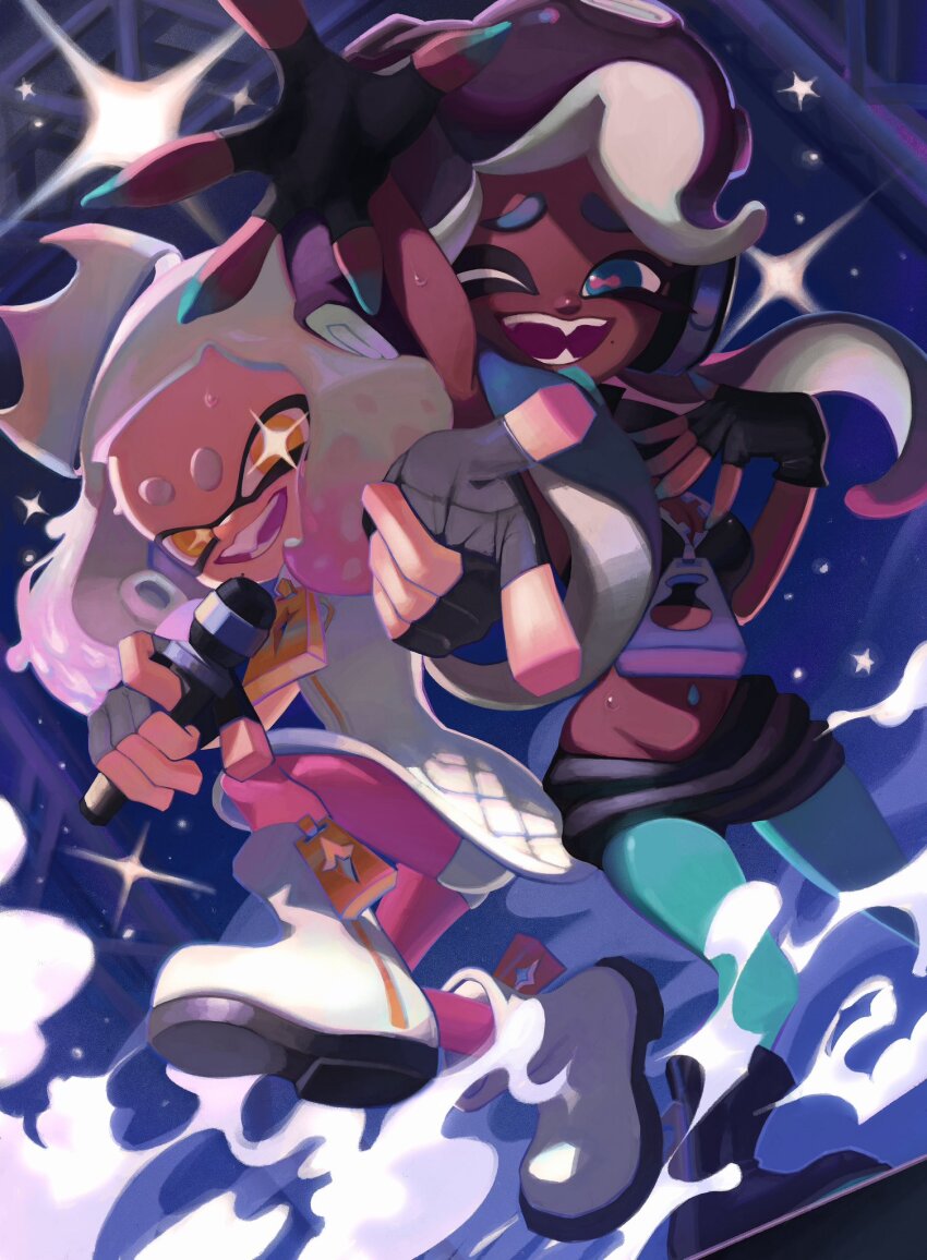 2girls aqua_eyes aqua_pantyhose black_gloves black_hair boots breasts cephalopod_eyes crown dark-skinned_female dark_skin dress full_body furrowed_brow gloves gradient_hair green_hair groin highres holding holding_microphone inkling ka1_(k4k37) long_hair looking_at_viewer marina_(off_the_hook_outfit)_(splatoon) marina_(splatoon) medium_hair microphone multicolored_hair multiple_girls navel_piercing nintendo octoling one_eye_closed pantyhose pantyhose_under_shorts pearl_(off_the_hook_outfit)_(splatoon) pearl_(splatoon) piercing pink_hair pink_pantyhose pink_pupils revision shoes shorts smoke splatoon_(series) splatoon_2 star-shaped_pupils star_(symbol) sweat symbol-shaped_pupils tentacle_hair thick_eyebrows two-tone_hair white_dress white_hair white_shoes yellow_eyes zipper zipper_pull_tab
