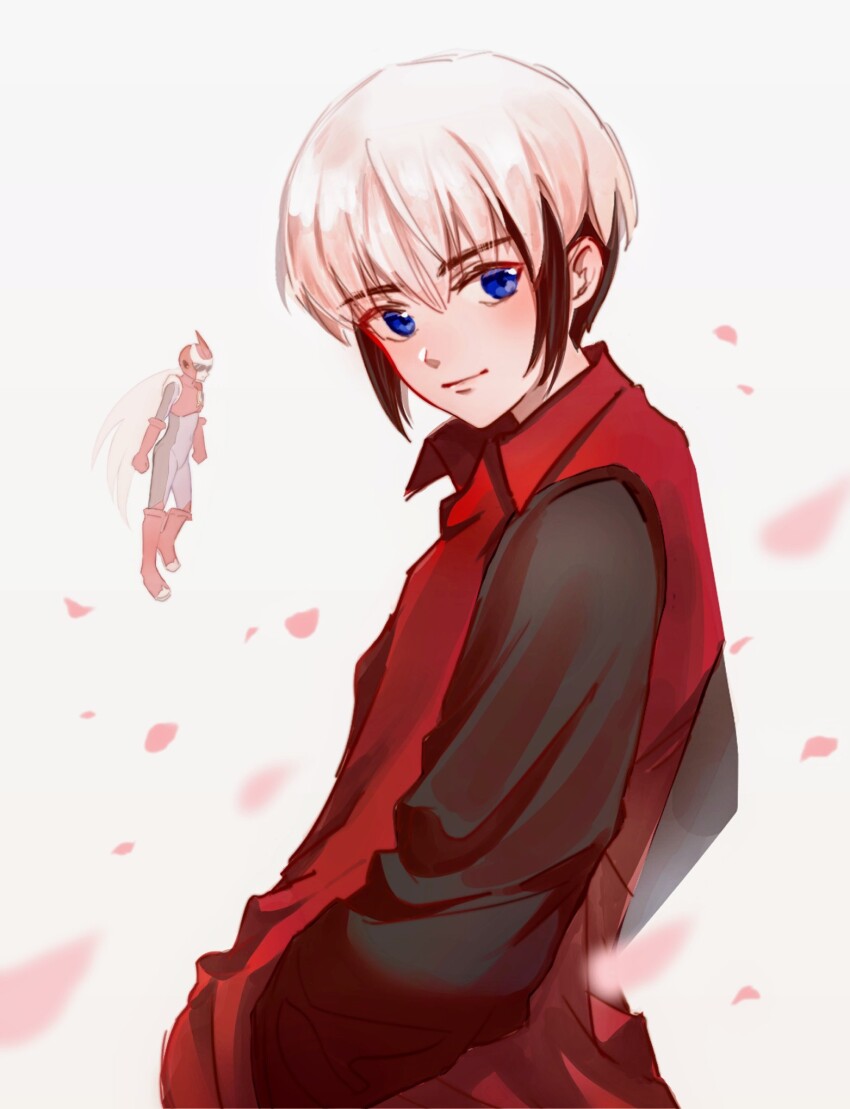 2boys black_hair black_shirt blue_eyes cherry_blossoms eugene_chaud_(mega_man) hands_in_pockets highres long_hair looking_at_viewer male_focus mega_man_(series) mega_man_battle_network_(series) multiple_boys petals protoman.exe red_vest shirt short_hair simple_background solo_focus torihata1 vest white_background white_hair