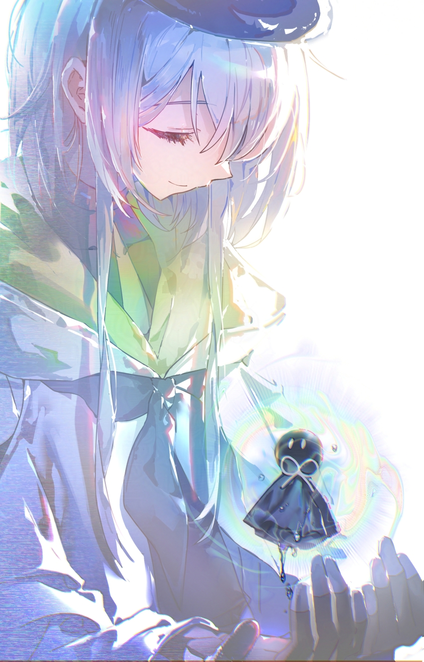 1boy absurdres arknights beret black_gloves black_necktie blue_hair blue_hat closed_eyes gloves hands_up hat highres hood hoodie long_hair magic male_focus mizuki_(arknights) necktie simple_background solo teruterubouzu upper_body white_background white_hoodie xing_(gloryxing)