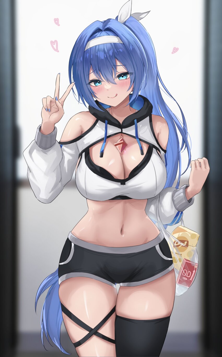 1girl :q absurdres alyssa_(specktech) black_shorts black_thighhighs blue_eyes blue_hair blush breasts commentary commission english_commentary hair_between_eyes highres indoors large_breasts long_hair long_sleeves looking_at_viewer midriff navel original sauvignon second-party_source short_shorts shorts shrug_(clothing) skeb_commission smile solo standing stomach thighhighs thighs tongue tongue_out v white_shrug