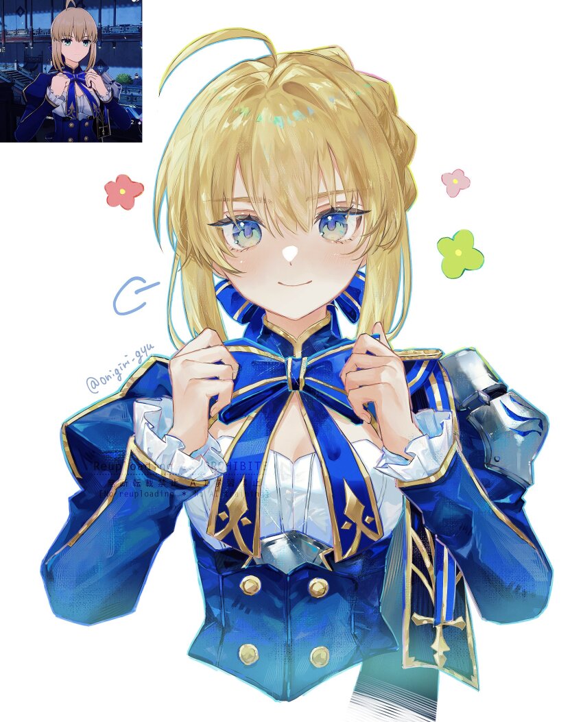 1girl absurdres ahoge artoria_pendragon_(fate) blonde_hair blue_bow blue_bowtie bow bowtie closed_mouth commentary cropped_torso fate/stay_night fate_(series) flower gradient_eyes hands_up highres honkai:_star_rail honkai_(series) juliet_sleeves light_blush light_smile long_sleeves multicolored_eyes nigiri puffy_sleeves reference_inset saber_(fate) saber_(honkai:_star_rail)_(fate) simple_background solo straight-on symbol-only_commentary twintails twitter_username white_background
