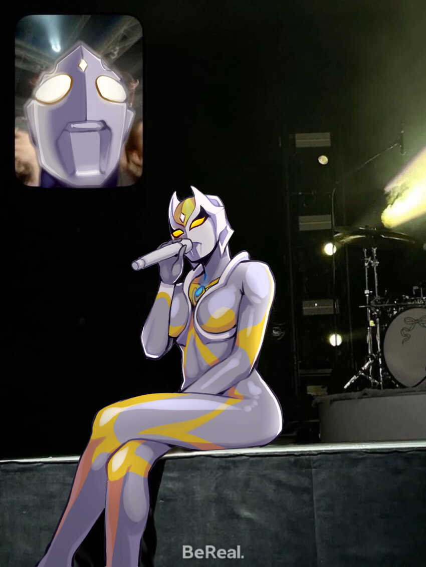1boy 1girl breasts butter_sugoi camearra crossed_legs drum drum_set facial_mark fan_screaming_at_madison_beer_(meme) forehead_mark highres holding holding_microphone instrument medium_breasts meme microphone open_mouth photo_background ultra_series ultraman_tiga ultraman_tiga_(series) yellow_eyes