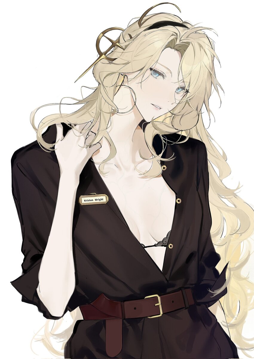 1girl animal_ears arknights belt black_bra black_hairband black_jacket blonde_hair blue_eyes bra breasts brown_belt cleavage collarbone commentary corrupted_twitter_file curtained_hair dog_ears dog_girl droopy_ears hairband hand_on_own_shoulder highres jacket joshua_(shisanli934) kristen_(arknights) long_hair looking_at_viewer medium_breasts name_tag parted_lips simple_background solo symbol-only_commentary underwear veins veiny_breasts white_background