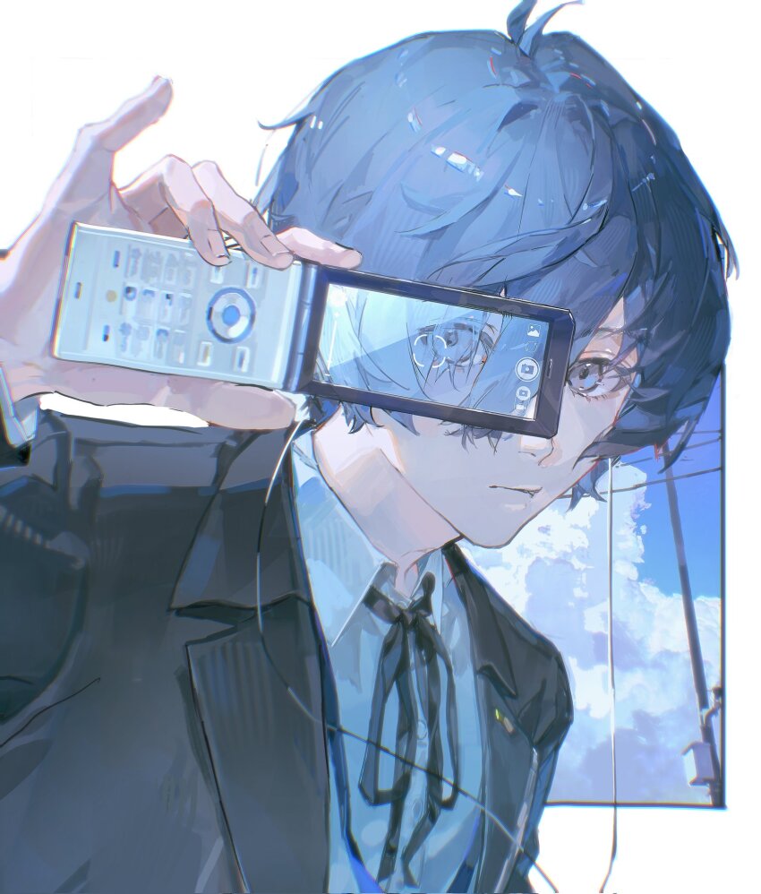 1boy blue_eyes blue_hair gekkoukan_high_school_uniform highres holding holding_phone male_focus persona persona_3 persona_3_reload phone school_uniform short_hair solo upper_body yuuki_makoto_(persona_3) zege99457037