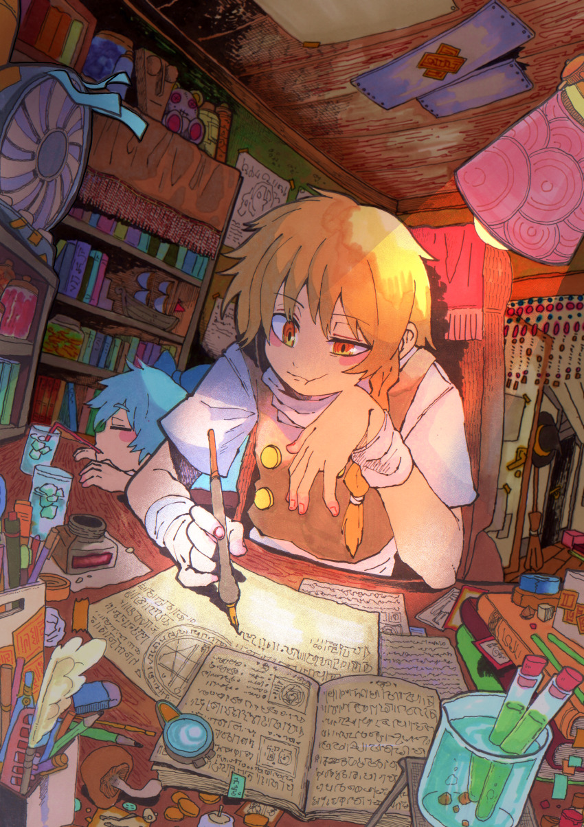 2girls absurdres black_vest blonde_hair blue_bow blue_hair blush book book_stack bookshelf bow braid broom buttons candle chair cirno closed_eyes closed_mouth cup desk_lamp door door_handle doorway drinking drinking_glass drinking_straw drinking_straw_in_mouth electric_fan eraser gloves hair_between_eyes hair_bow hand_on_own_cheek hand_on_own_face hands_on_table hat head_on_hand highres holding holding_pen ice inkwell inuyama_konan jar kirisame_marisa lamp light_bulb looking_at_object magnifying_glass mason_jar mechanical_pencil model_ship multiple_girls mushroom nib_pen_(object) no_headwear one_eye_narrowed open_book paper pen pencil poster_(object) quill short_hair short_sleeves side_braid single_glove sitting stationery stuffed_animal stuffed_toy table tape test_tube touhou tsurime undershirt upper_body vest white_gloves white_undershirt white_wrist_cuffs witch_hat wrist_cuffs writing yellow_eyes