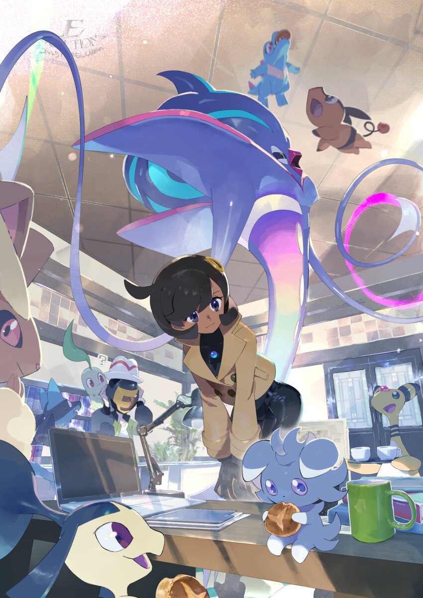 2girls ? absurdres ampharos beak black_bodysuit black_gloves black_hair black_sclera bodysuit bodysuit_under_clothes book bread breasts brown_jacket closed_mouth colored_sclera computer cup dark-skinned_female dark_skin e_volution emma_(pokemon) espurr essentia_(pokemon) fangs floating food food_in_mouth forehead_jewel furry gen_2_pokemon gen_3_pokemon gen_4_pokemon gen_5_pokemon gen_6_pokemon gloves green_jacket grey_fur hair_ornament harmony_(pokemon) hat helmet highres holding holding_food holding_tray indoors jacket lamp laptop latex latex_bodysuit leaf leaning_forward long_sleeves lopunny lucario malamar mawile mega_lopunny mega_malamar mega_pokemon mega_ring mega_stone multiple_girls multiple_others nintendo office on_shoulder on_table open_clothes open_jacket open_mouth orange_gloves pants pig pokemon pokemon_(creature) pokemon_legends:_z-a pokemon_on_shoulder purple_eyes red_eyes red_sclera sharp_teeth shirt short_hair smile squid standing striped_hat table tail teacup teeth tentacles tepig totodile tray two-tone_gloves white_hat white_shirt yellow_eyes