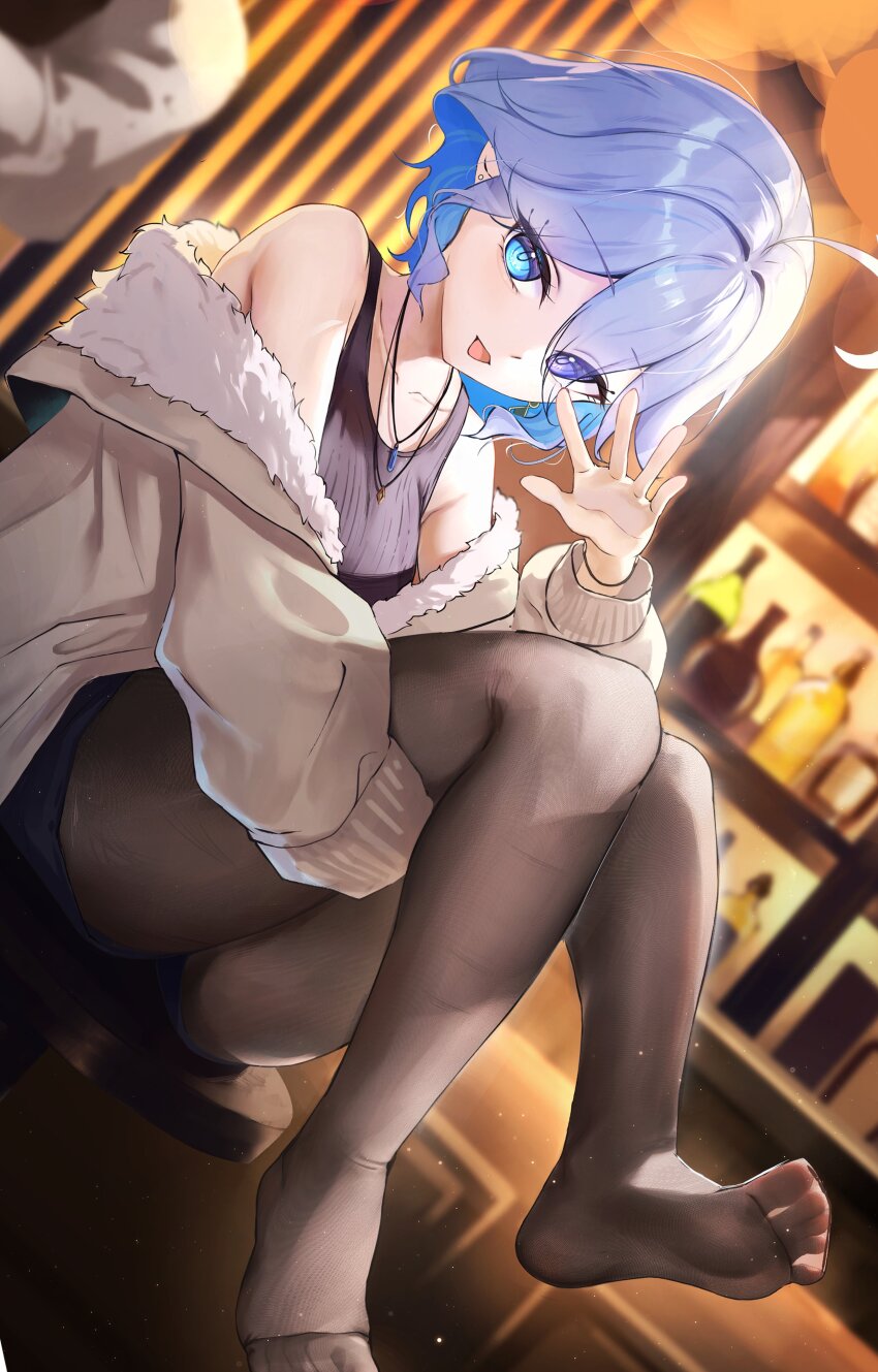 1girl absurdres ahoge bar_(place) bare_shoulders black_pantyhose black_shirt black_shorts blue_eyes blue_hair bottle brown_sweater coat cup eyes_visible_through_hair feet furina_(genshin_impact) genshin_impact hair_between_eyes hair_over_one_eye heterochromia highres indoors jewelry long_sleeves looking_at_viewer multicolored_hair necklace no_shoes open_clothes open_coat open_mouth otabaaa pantyhose shirt short_hair shorts sleeveless sleeveless_shirt smile soles sweater toes wine_bottle