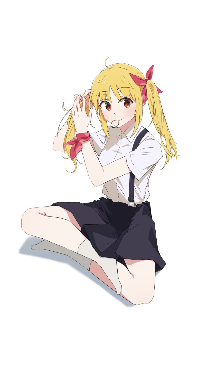 1girl absurdres alternate_hairstyle black_skirt blonde_hair bocchi_the_rock! full_body hair_tie highres homu_(homuplush) ijichi_nijika long_hair red_eyes shirt sidelocks simple_background sitting skirt socks suspenders twintails white_background white_shirt white_socks