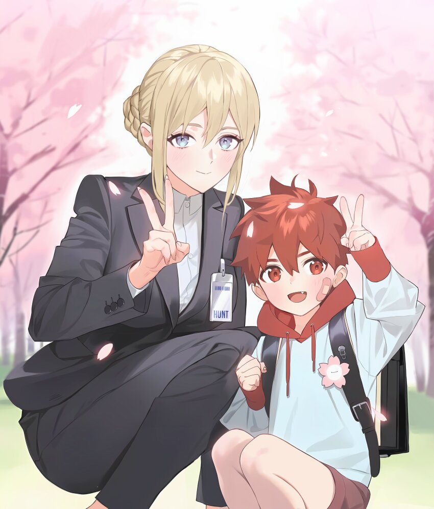 1boy 1girl :d absurdres backpack bag black_bag blonde_hair brown_shorts clenched_hand closed_mouth collared_shirt commentary day eyelashes falling_petals fang grey_eyes highres hood hood_down hoodie jacket kiino_(keeeno_7th) medium_hair open_mouth original outdoors pants petals shirt shorts smile squatting tassel tongue tree v