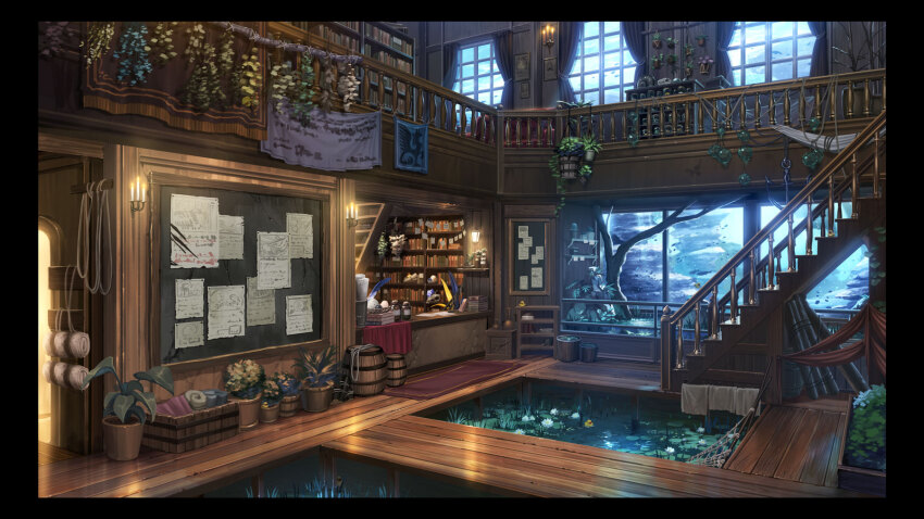 banister bookshelf bulletin_board cupboard fantasy herb_bundle highres indoors interior lamp no_humans original plant potted_plant scenery shelf tree ukai_(negi_wolf) very_wide_shot window wooden_floor