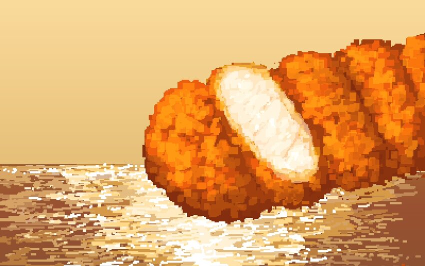 bite_mark chicken_(food) food food_focus fried_chicken highres hisachan55cute no_humans on_table original out_of_frame pixel_art scenery simple_background table yakitori yellow_background