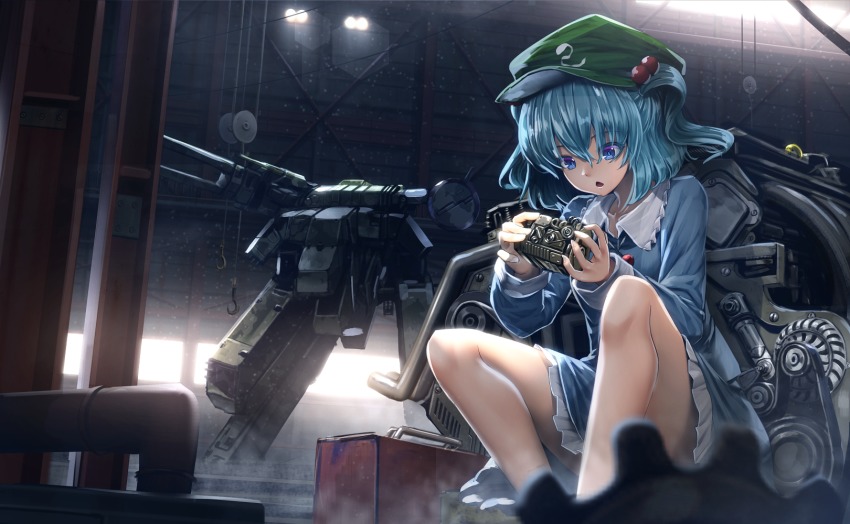1girl bare_legs blue_dress blue_eyes blue_hair cannon crossover dress female_focus hair_bobbles hair_ornament hangar hat highres kawashiro_nitori long_sleeves magnetic_weapon mecha metal_gear_(series) metal_gear_rex metal_gear_solid railgun robot ryosios sitting solo toolbox touhou two_side_up weapon window