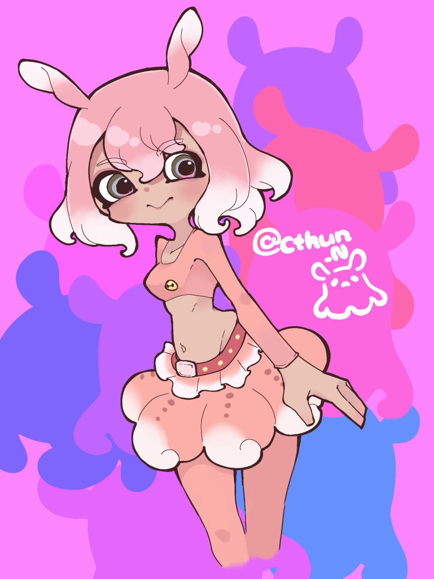 1girl absurdres belt blue_eyes cthun_n fins head_fins highres japanese_pancake_devilfish_(kemono_friends) kemono_friends looking_at_viewer multicolored_hair navel octopus pantyhose pink_hair pink_pantyhose pink_shirt pink_skirt shirt short_hair simple_background skirt solo two-tone_hair white_hair