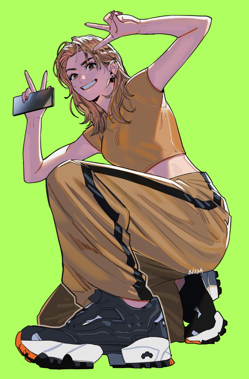 1girl artist_name black_shoes blonde_hair breasts brown_eyes cellphone commentary double_v ear_piercing earrings full_body green_background grin highres holding holding_phone jewelry kneeling looking_at_viewer medium_breasts medium_hair midriff nail_polish okada_(hoooojicha) on_one_knee orange_pants orange_shirt original pants parted_bangs phone piercing red_nails reebok reebok_pump shirt shoes short_sleeves signature simple_background smartphone smile sneakers solo streetwear striped_clothes striped_pants v vertical-striped_clothes vertical-striped_pants
