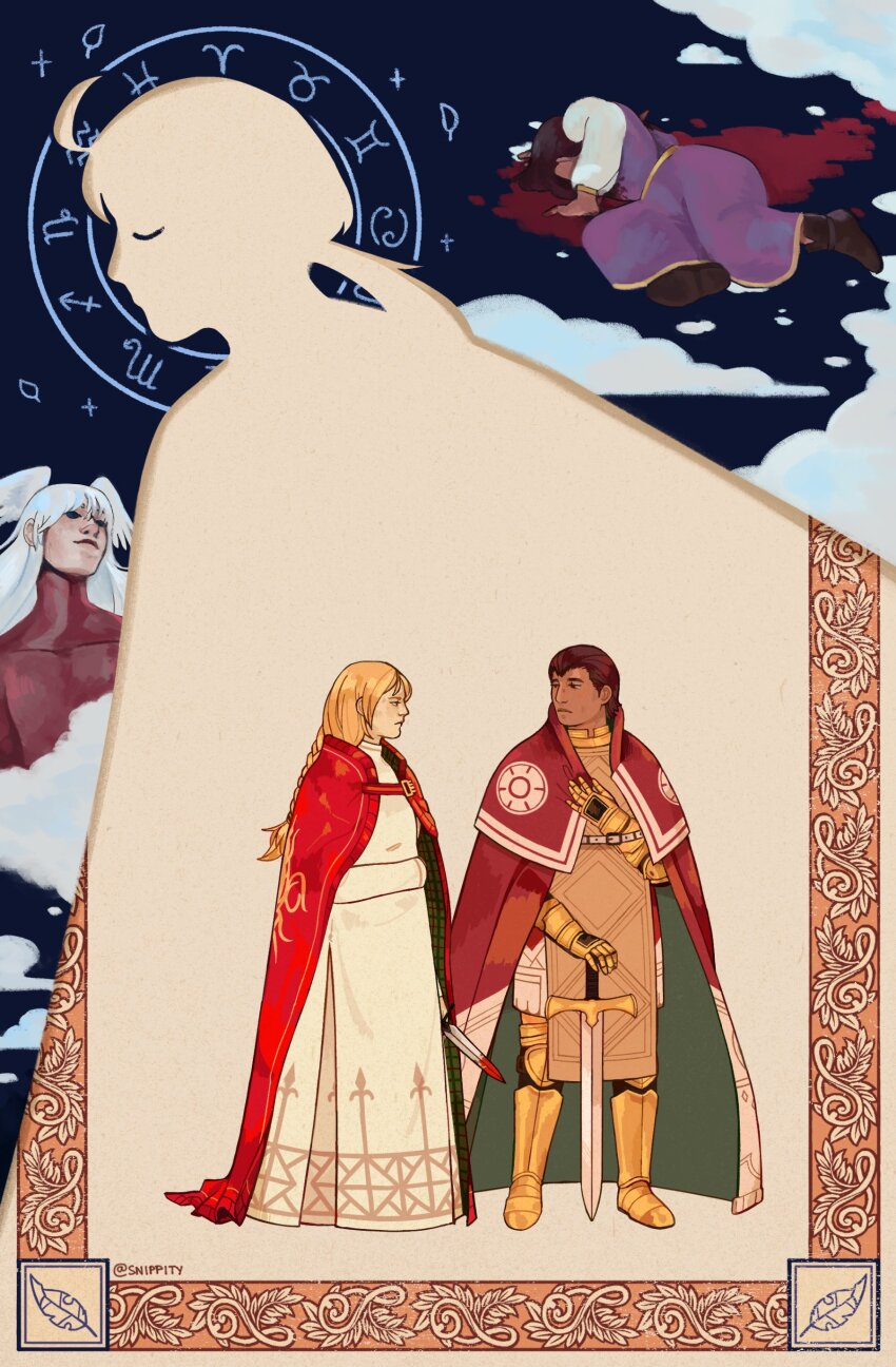 2boys 3girls absurdres aquarius_(symbol) aries_(symbol) armor blonde_hair blood bloody_weapon braid brown_hair cancer_(symbol) cape capricorn_(symbol) closed_eyes cloud colored_skin dark-skinned_male dark_skin death delita_heiral dress final_fantasy final_fantasy_tactics gauntlets gemini_(symbol) highres holding holding_weapon knife leaf long_hair multiple_boys multiple_girls multiple_wings ovelia_atkascha pisces_(symbol) ramza_beoulve robe sagittarius_(symbol) scorpio_(symbol) seraph snippity sword taurus_(symbol) tietra_heiral twitter_username ultima_(fft) weapon white_hair wings zodiac