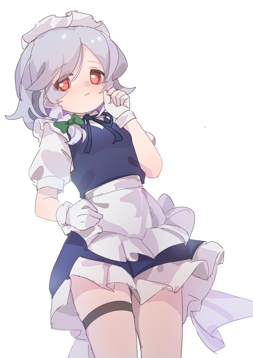 1girl absurdres apron blue_dress bow braid dress frilled_apron frilled_dress frills gloves green_bow green_ribbon grey_hair gumingdi_ban hair_bow hand_up highres izayoi_sakuya looking_at_viewer maid maid_headdress neck_ribbon parted_lips puffy_short_sleeves puffy_sleeves red_eyes ribbon short_hair short_sleeves sidelocks simple_background solo thigh_strap touhou waist_apron white_apron white_background white_gloves