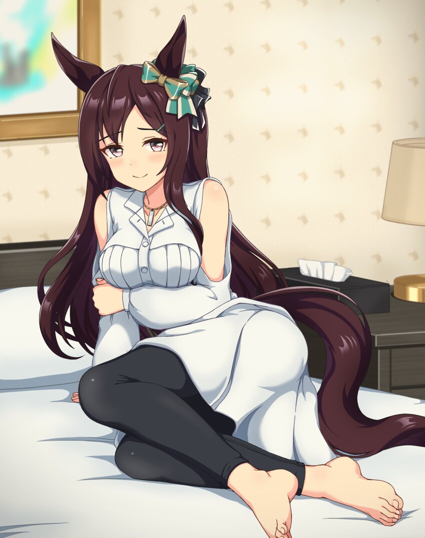 1girl absurdres animal_ears bed black_hair blush breasts casual closed_mouth clothing_cutout collarbone commentary_request commission hair_between_eyes hair_ornament highres horse_ears horse_girl horse_tail jewelry looking_at_viewer lying medium_breasts mejiro_dober_(umamusume) necklace purple_eyes shiodanx shoulder_cutout skeb_commission smile tail tissue umamusume