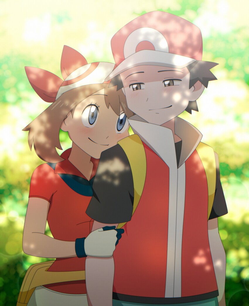 absurdres arm_hug backpack bag baseball_cap blue_eyes brown_eyes brown_hair gloves hat headband highres may_(pokemon) nintendo pok3d pokemon pokemon_frlg red_(pokemon) red_(pokemon_frlg) tagme