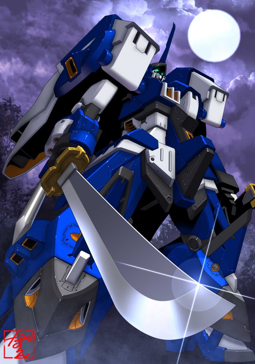 alteisen_nacht blue_eyes cloud cloudy_sky highres holding holding_sword holding_weapon horns katana kazue looking_up mecha moon no_humans robot science_fiction single_horn sky solo super_robot_wars super_robot_wars_original_generation sword weapon