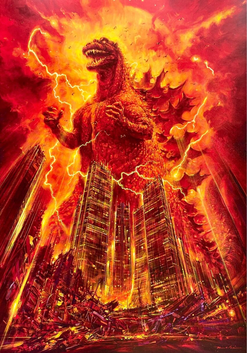 bird building city destruction dinosaur electricity energy epic fangs glowing glowing_eyes godzilla godzilla_(series) highres kaiju movie_poster no_humans no_pupils official_art ohrai_noriyoshi orange_electricity orange_eyes red_sky seagull sharp_teeth sky skyscraper spikes tail teeth textless_version the_return_of_godzilla toho