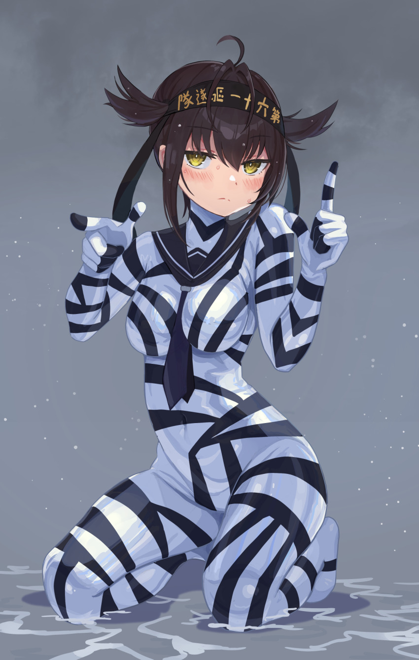 1girl black_hair black_headband bodysuit breasts covered_navel dazzle_paint hachimaki hair_between_eyes hair_flaps hatsuzuki_(kancolle) headband highres impossible_bodysuit impossible_clothes kantai_collection looking_at_viewer medium_breasts raftetram skin_tight solo striped_bodysuit yellow_eyes